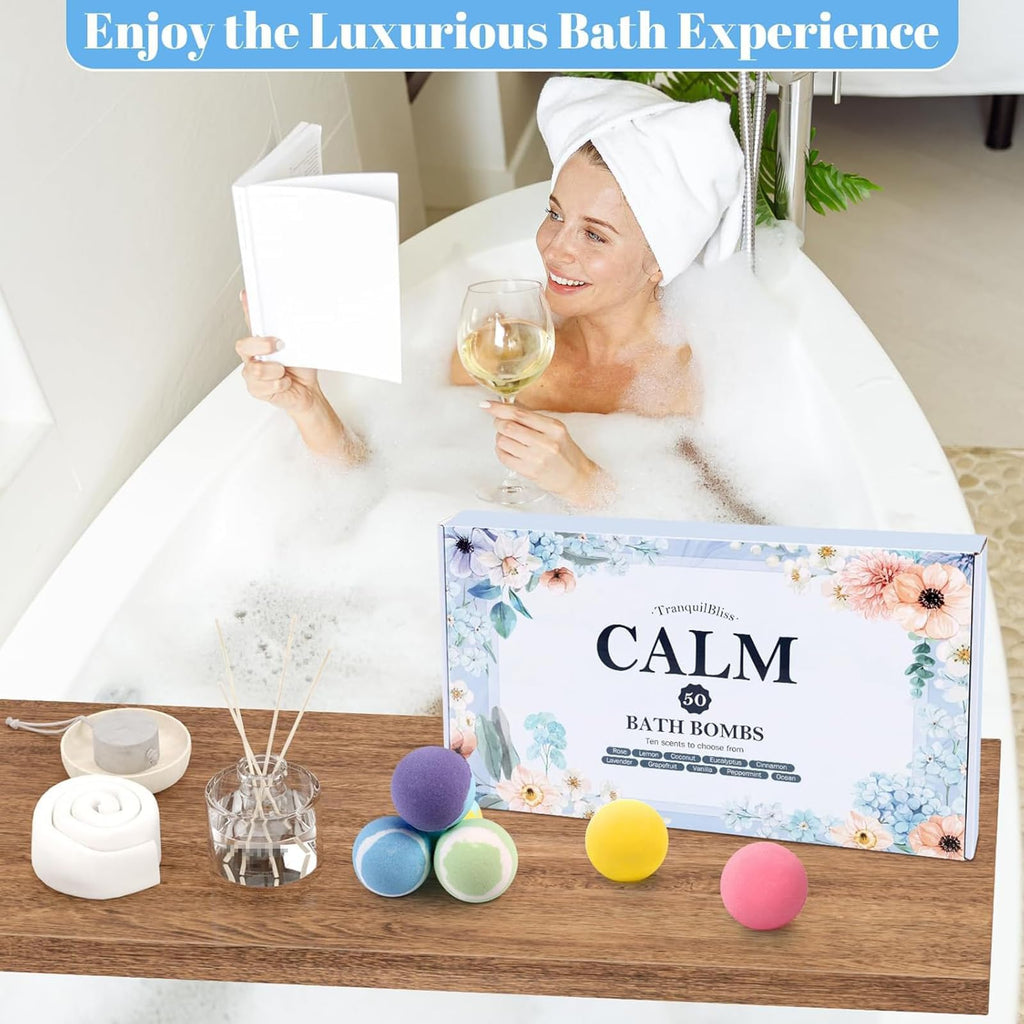 TranquilBliss Bath Bombs Set 50 PCS with 10 Scents, Natural Bathbombs, Blue