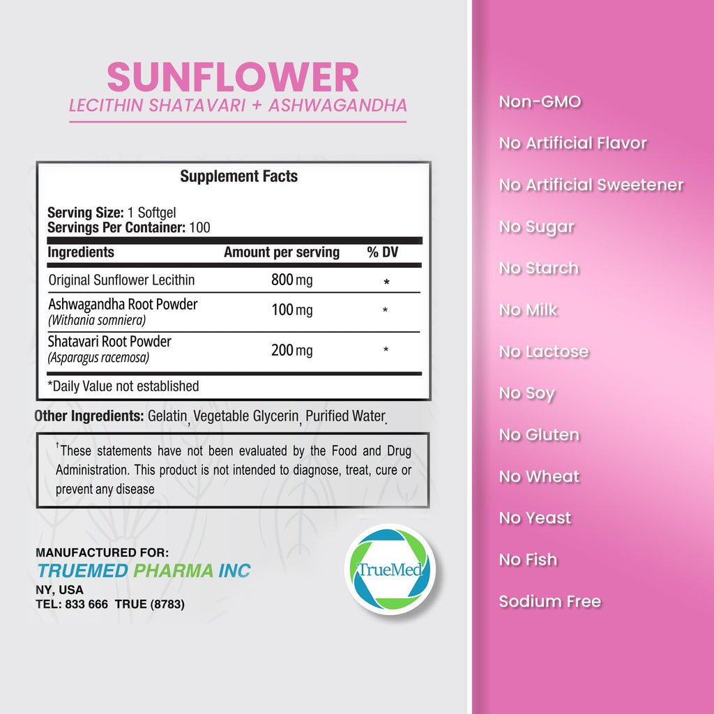 TRUEMED Sunflower Lecithin with Shatavari & Ashwagandha - 1100 mg per Serving - Supports Hormone Balance, Milk Flow, Brain Health, Digestive Wellness, 100 Softgels - Made in USA GMP Certified