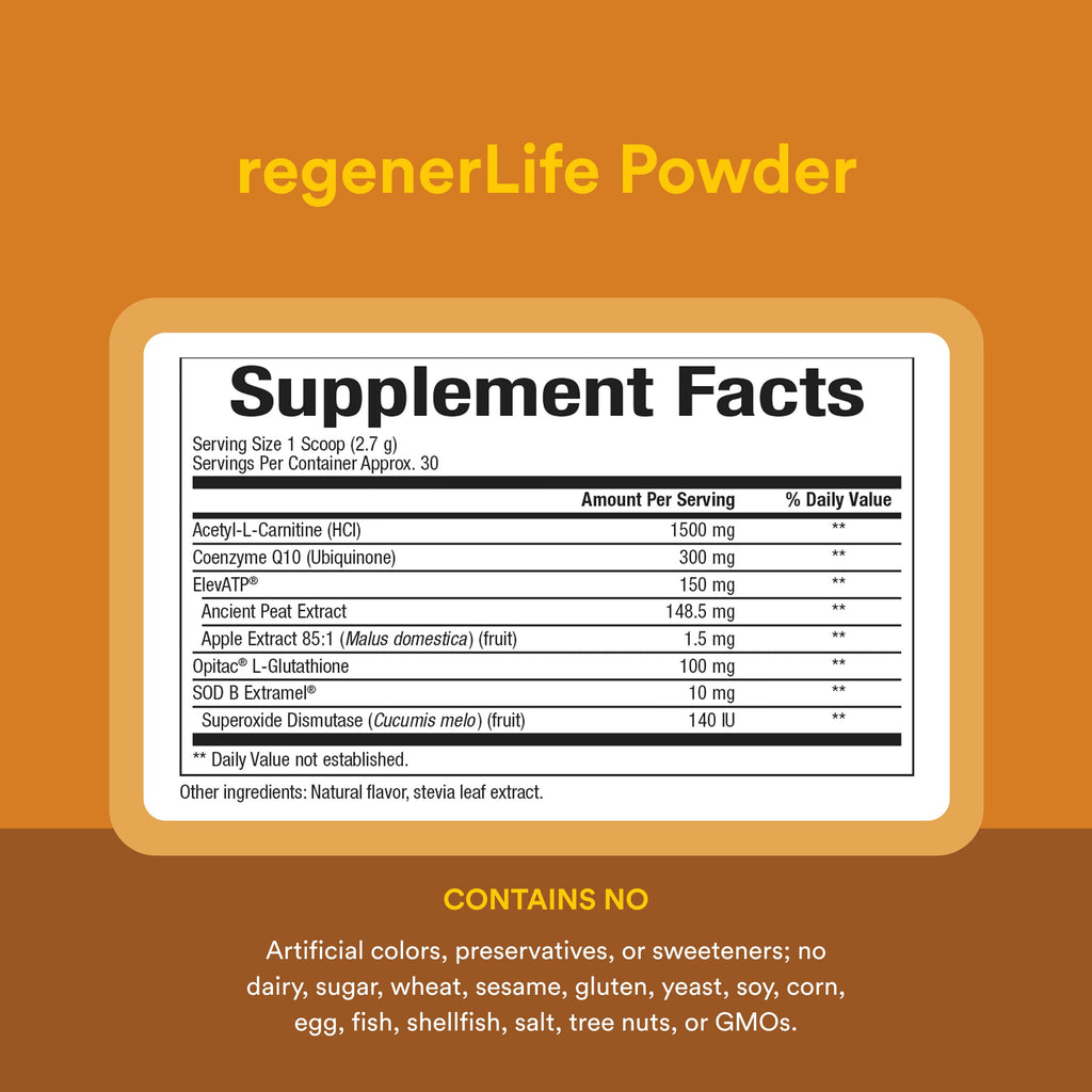 Natural Factors RegenerLife Powder - Supports Cellular Energy & Fatigue* - Mitochondria Support Drink Mix - Non-GMO - Tropical Flavor - 2.86 oz