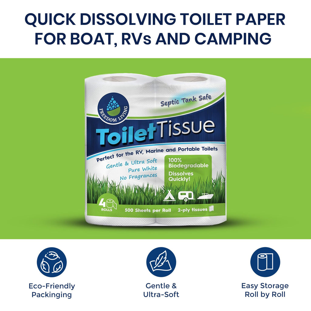 Freedom Living Septic Tank Safe Toilet Tissue for Campers and RVs Biodegradable Marine Toilet Paper for Boats, Fragrance-Free 2-Ply RV Toilet Paper (4 Rolls, 500 Sheets Each)
