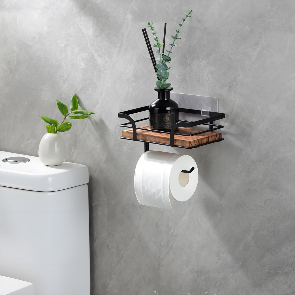 YIGII Rustic Farmhouse Toilet Paper Holder with Shelf - Wooden Tissue Paper Roll Holder, Bathroom Wall Mounted Toilet Paper Roll Holder with Wipes Storage, Black Metal