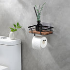 YIGII Rustic Farmhouse Toilet Paper Holder with Shelf - Wooden Tissue Paper Roll Holder, Bathroom Wall Mounted Toilet Paper Roll Holder with Wipes Storage, Black Metal