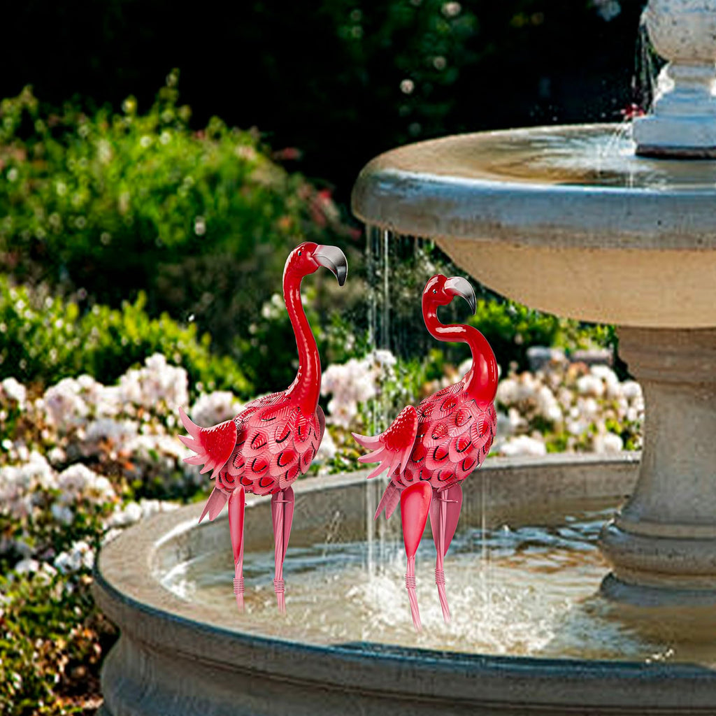 Kukooka 2Pcs Flamingo Garden Statues Metal Pink Flamingos Sculptures for Outdoor Backyard Decor Patio Lawn Porch Yard Decoration (Pink)