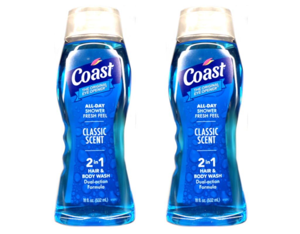 Coast All Day Shower Fresh Feel Classic Scent 2-in-1 Hair and Body Wash, Dual Action Enhanced Formula, 18 fl oz (Pack of 2)