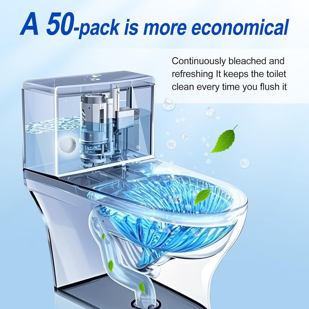 Automatic toilet cleaning tablets,50 packs-bleaching, descaling, deodorizing-water tank drop tablets, fresh smell, safe, for removing stains and scale, recommended for most toilets, cost performance