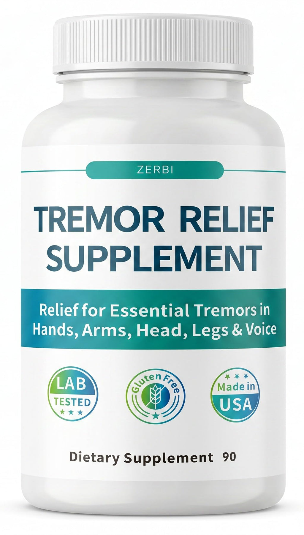 ZERBI Essential Tremor Relief Herbal Supplement – for Hand, Arm, Head, Leg & Voice Tremors – with Skullcap, Passionflower & Valerian – 90 Capsules