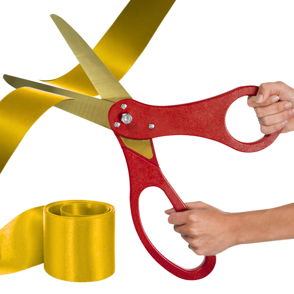 Grand Opening Ribbon and Scissors – Red 20 Ribbon Cutting Scissors with Gold Blade and Golden Satin Ribbon for Special Events & Inaugurations