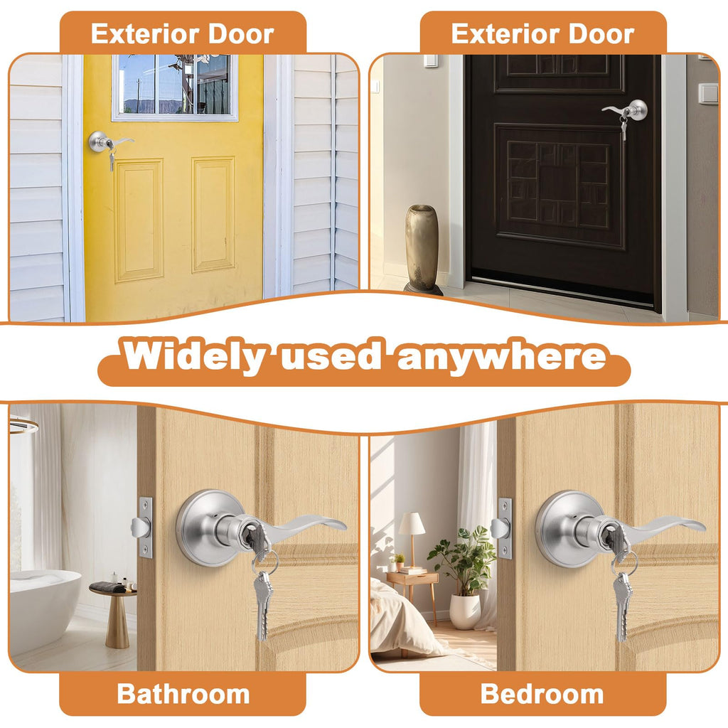 Probrico (2 Pack Wave Style Keyed Alike Entry Levers, Exterior Interior Satin Nickel Keyed Door Handles with Lock and Same Keys, Reversible for Right Left Handed Doors