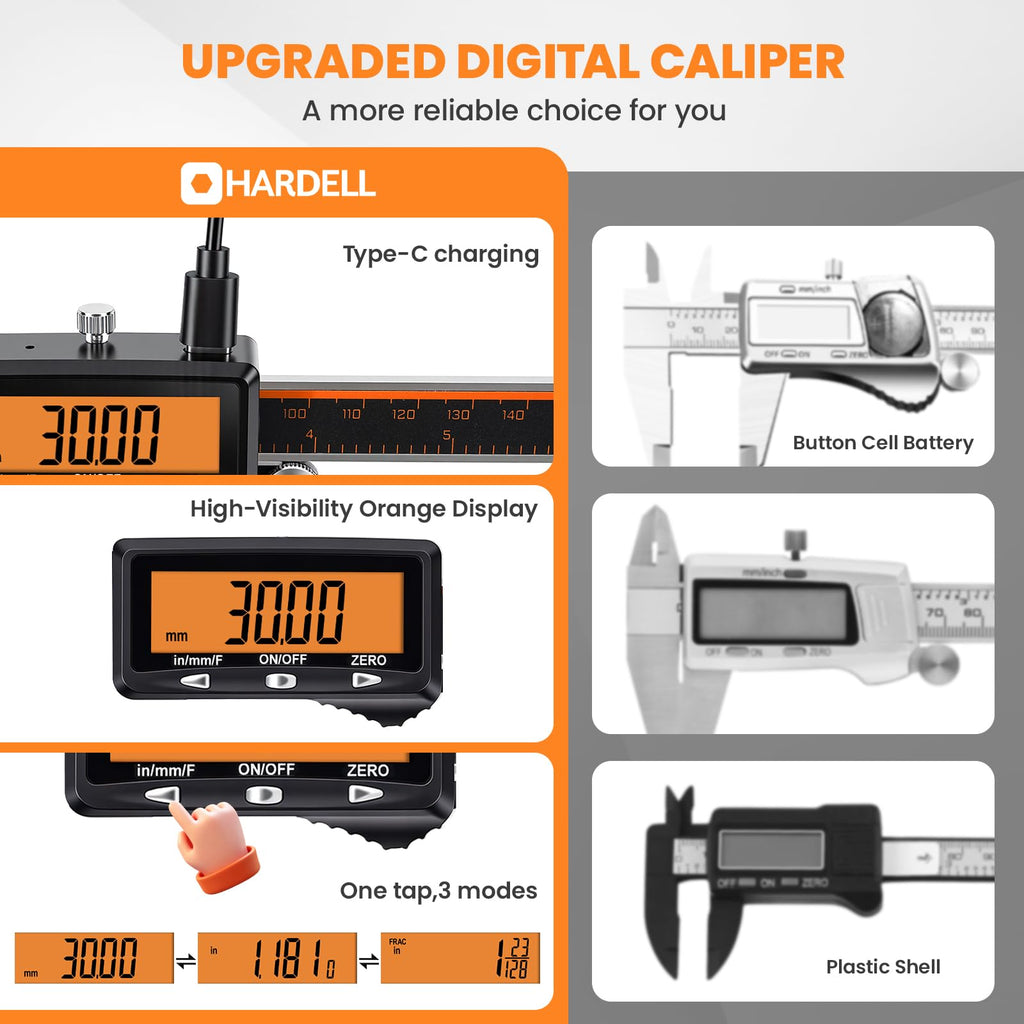HARDELL Digital Caliper, 6" Rechargeable Caliper Measuring Tool with Large Orange Screen (Non-Backlit), Stainless Steel Digital Micrometer with Auto-Off, Inch/MM/Fraction for DIY/Household/3D-Printing
