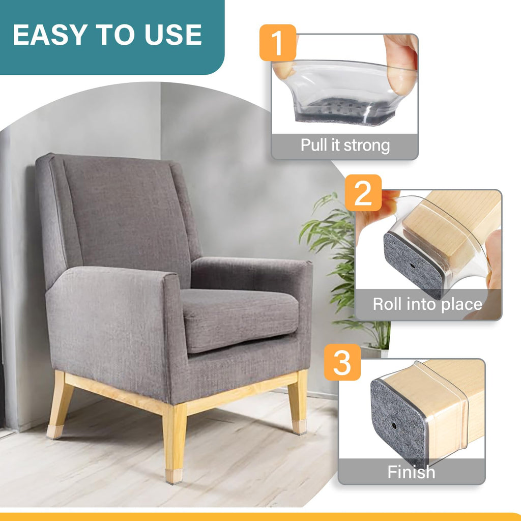 24 Pcs Chair Leg Floor Protectors Rectangle, Silicone Felt Furniture Leg Pads Caps Covers for Hardwood Floors, Fit L:1-1/8" to 1-1/2", W:3/4" to 1"