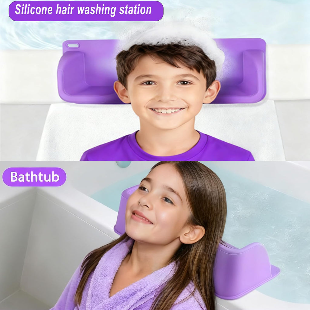 Portable Hair Washing Station Set,Silicone Hair Washing Station for Kids,ChildrenTeens,Sink or Bathtub Shampoo Buddy, Attached Shampoo Brush and Baby Bath Rinse Cup （Relaxing Hair Washing）