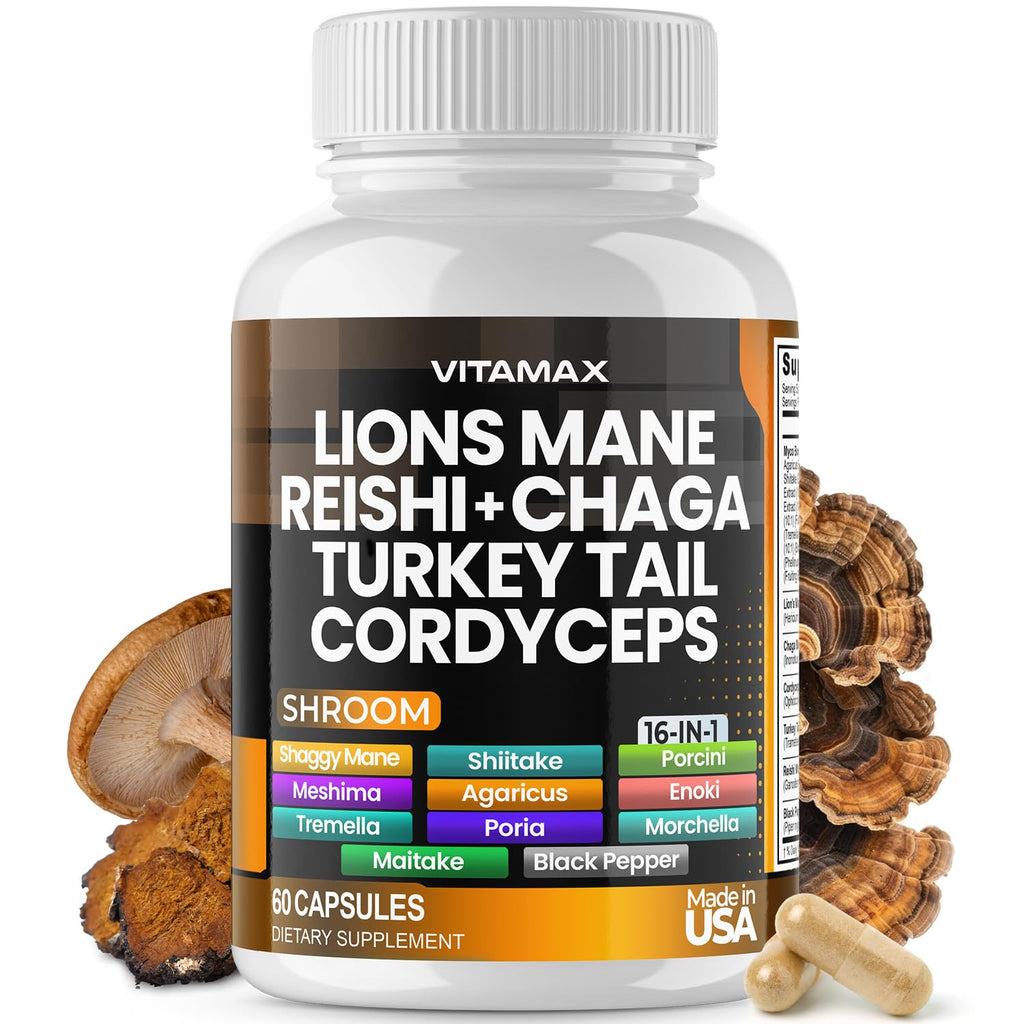 Vitamax Lions Mane Mushroom, Turkey Tail, Chaga & Reishi, Cordyceps Shiitake White Elm King Trumpet Nameko Oyster Porcini Focus & Energy - Made in USA