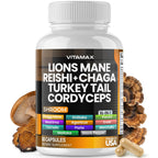 Vitamax Lions Mane Mushroom, Turkey Tail, Chaga & Reishi, Cordyceps Shiitake White Elm King Trumpet Nameko Oyster Porcini Focus & Energy - Made in USA