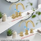 IUERASD Bathroom Faucet 3 Hole, Brushed Gold Bathroom Sink Faucet with Pop Up Drain, 8 inch Widespread Bathroom Faucet with 360° Swivel Spout, 2 Handle Vanity Faucet with Water Supply Hoses