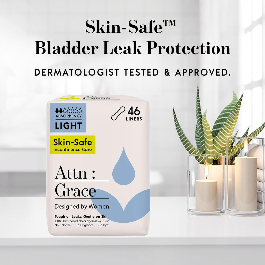 Attn: Grace Panty Liners for Women - 92 Liners – for Light Urinary Incontinence, Bladder Leakage or Postpartum - 100% Breathable & Plant-Based Materials Active Odor Control, Free from Harsh Chemicals