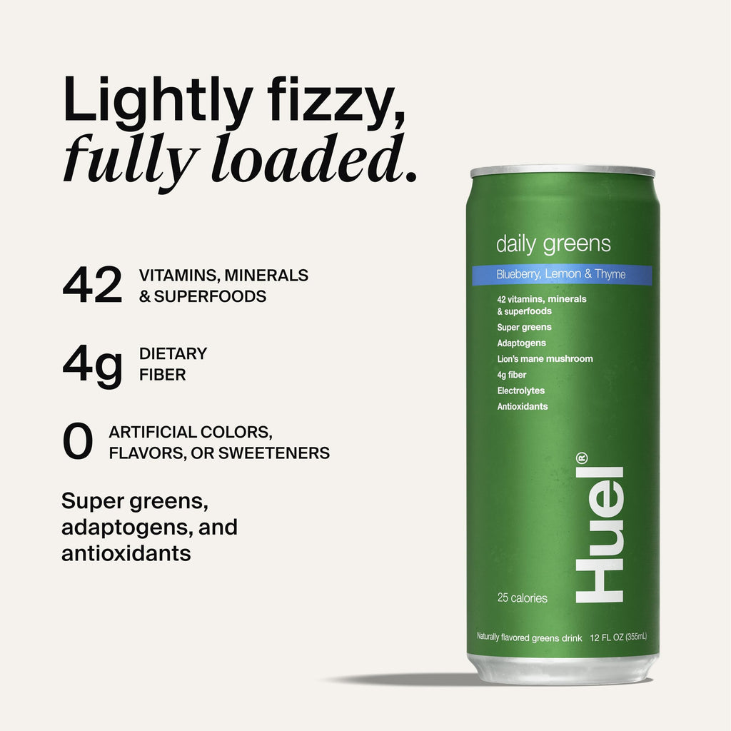 Huel Daily Greens Ready-to-Drink | Blueberry Lemon Thyme Superfood Greens | 42 Vitamins, Minerals, and Wholefood-Sourced Ingredients| Adaptogens, Antioxidants, Gut-Friendly Probiotics| 12 Fl Oz, 12 Pk