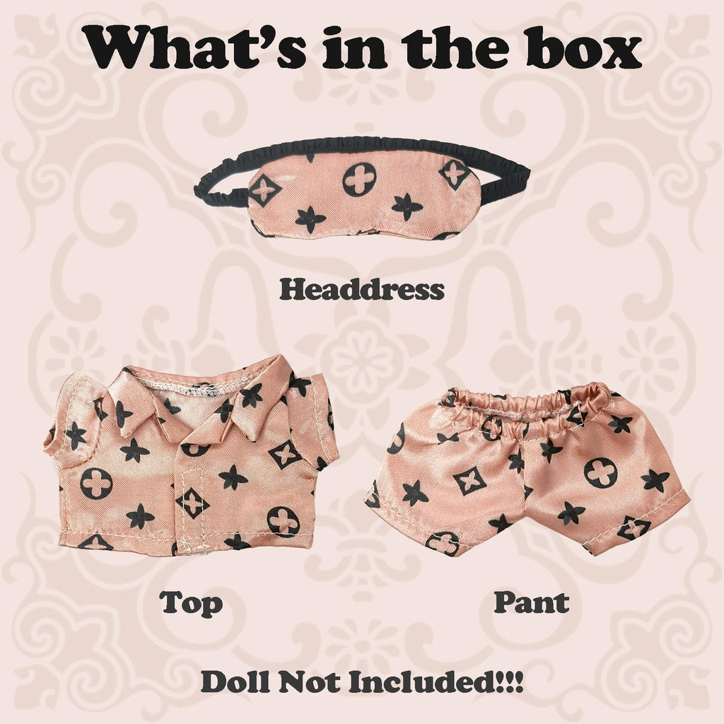 Clothes Compatible with LABUBU Doll - 3PCS Classic Set, 17cm Doll Clothes Designer Outfit for Cozy Night Theme, Stylish Luxury Pajama Accessories for Labubu, No Doll (Rosy Sleepwear Set)