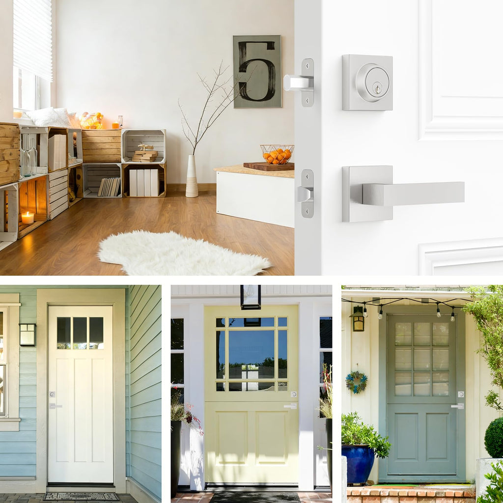 Camtek Front Door Lock Set with Deadbolt, Exterior Door Handle with Single Cylinder Deadbolt Lock, Flat Square Passage Brushed Nickel Door Locks for Front Door, 3 Pack (All Same Keyed Alike)