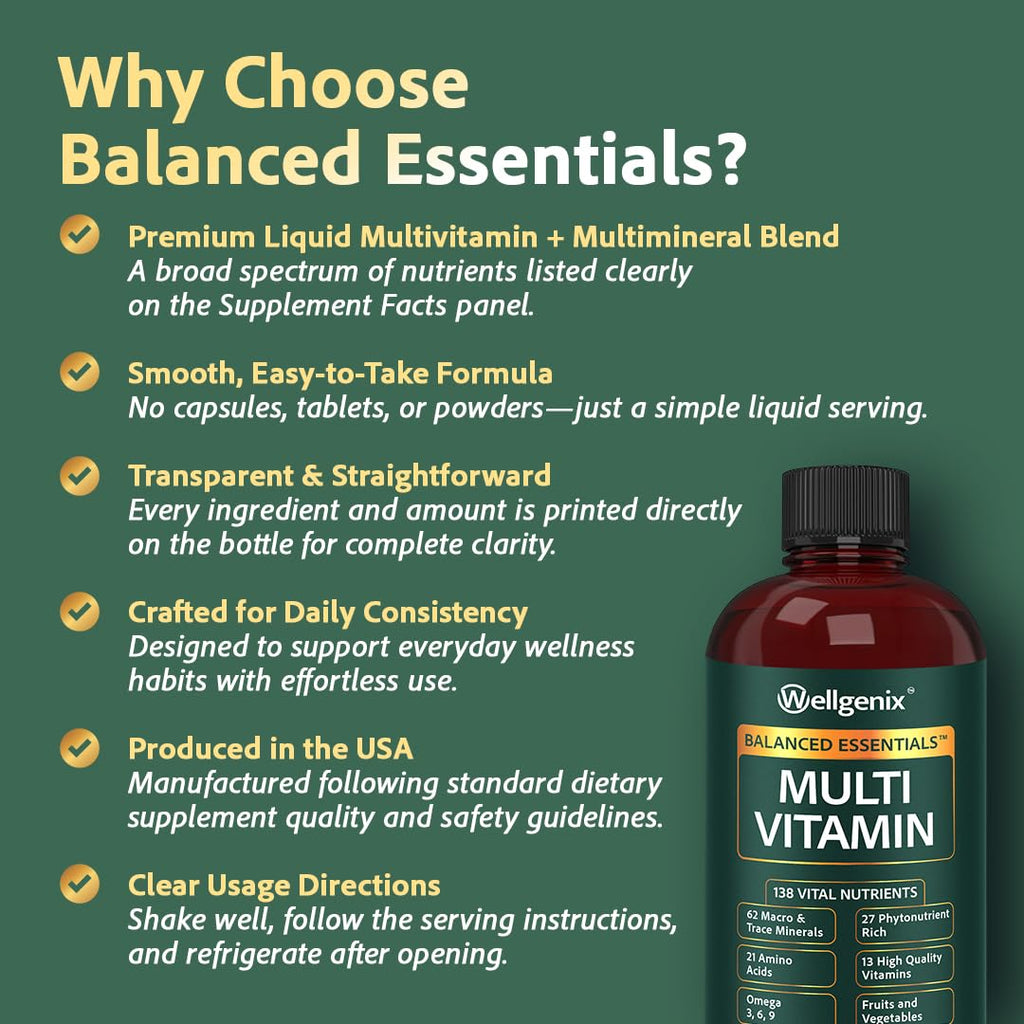 Wellgenix Balanced Essentials Liquid Multivitamin Dietary Supplement with Vitamins and Minerals – Berry Flavor – 32 fl oz