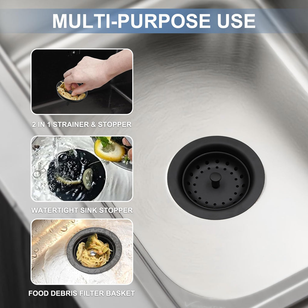ZM Kitchen Sink Stainless Steel Deep Locking Basket Strainer with Drain Assembly,Black, 3-1/2 Inch Sink Drain Stopper Plug
