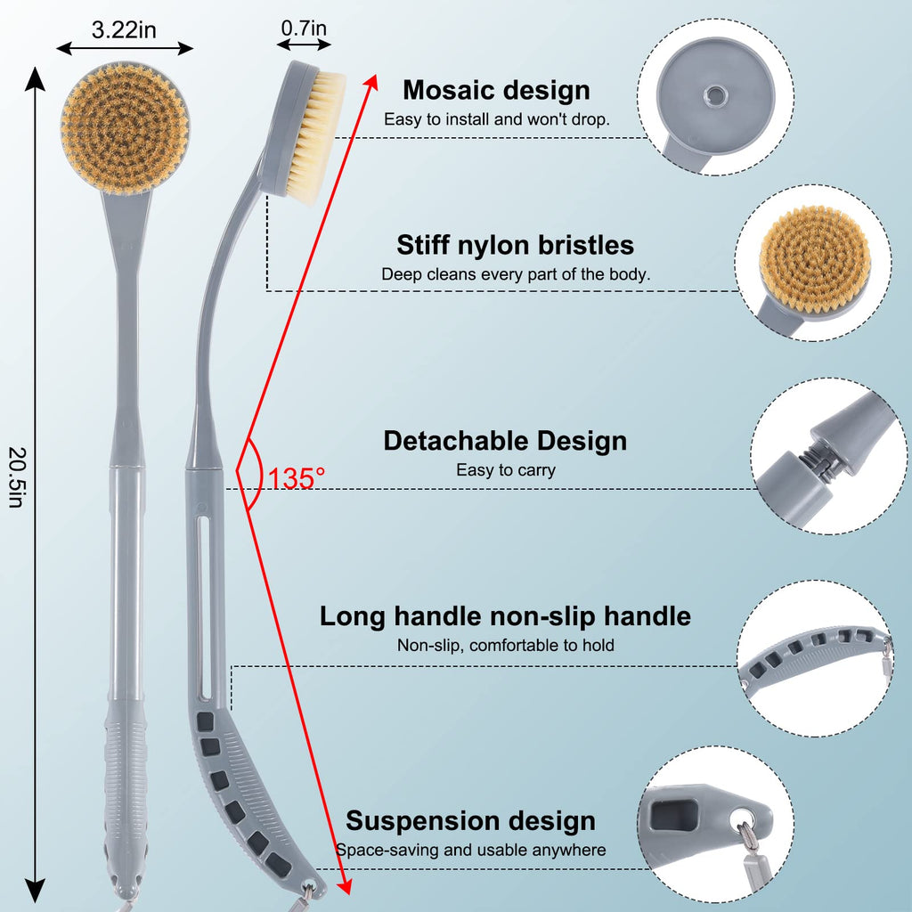 Back Brush Long Handle for Shower, 20.5” Back Bath Brush for Shower, Back Scrubber, Exfoliation and Improved Skin Health for Elderly with Limited Arm Movement, Disabled, Pregnant Women