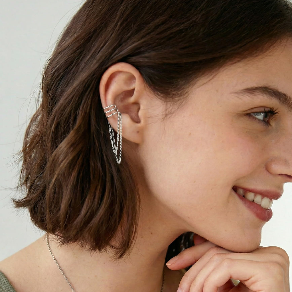 SLUYNZ 925 Sterling Silver No Piercing Cuff Earrings Chain for Women Wrap Earrings Tassel Clip On Ear (A-Silver)