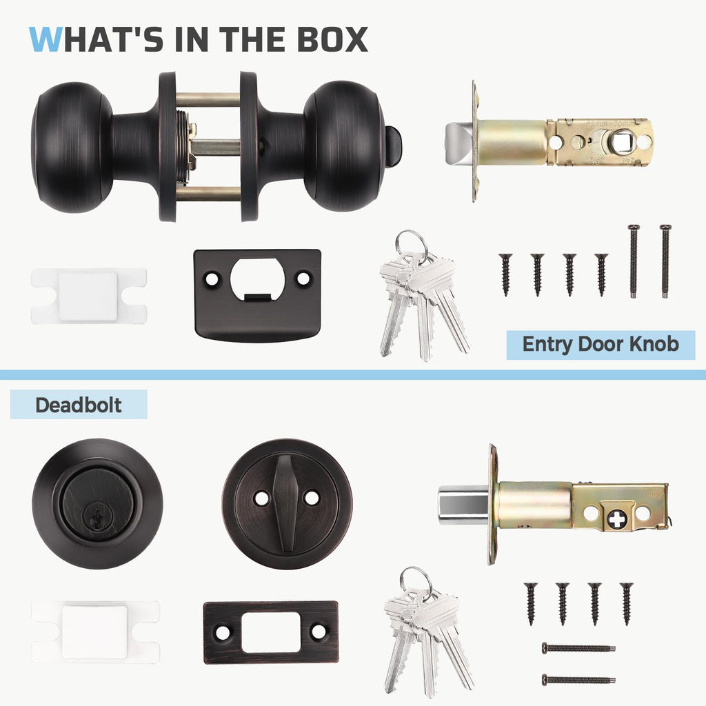 KNOBWELL Keyed Entry Door Knob and Single Cylinder Deadbolt Combo Set, Exterior Door Knobs for Entrance and Front Door, Keyed Alike Knob and Deadbolt, Oil Rubbed Bronze, 10 Pack
