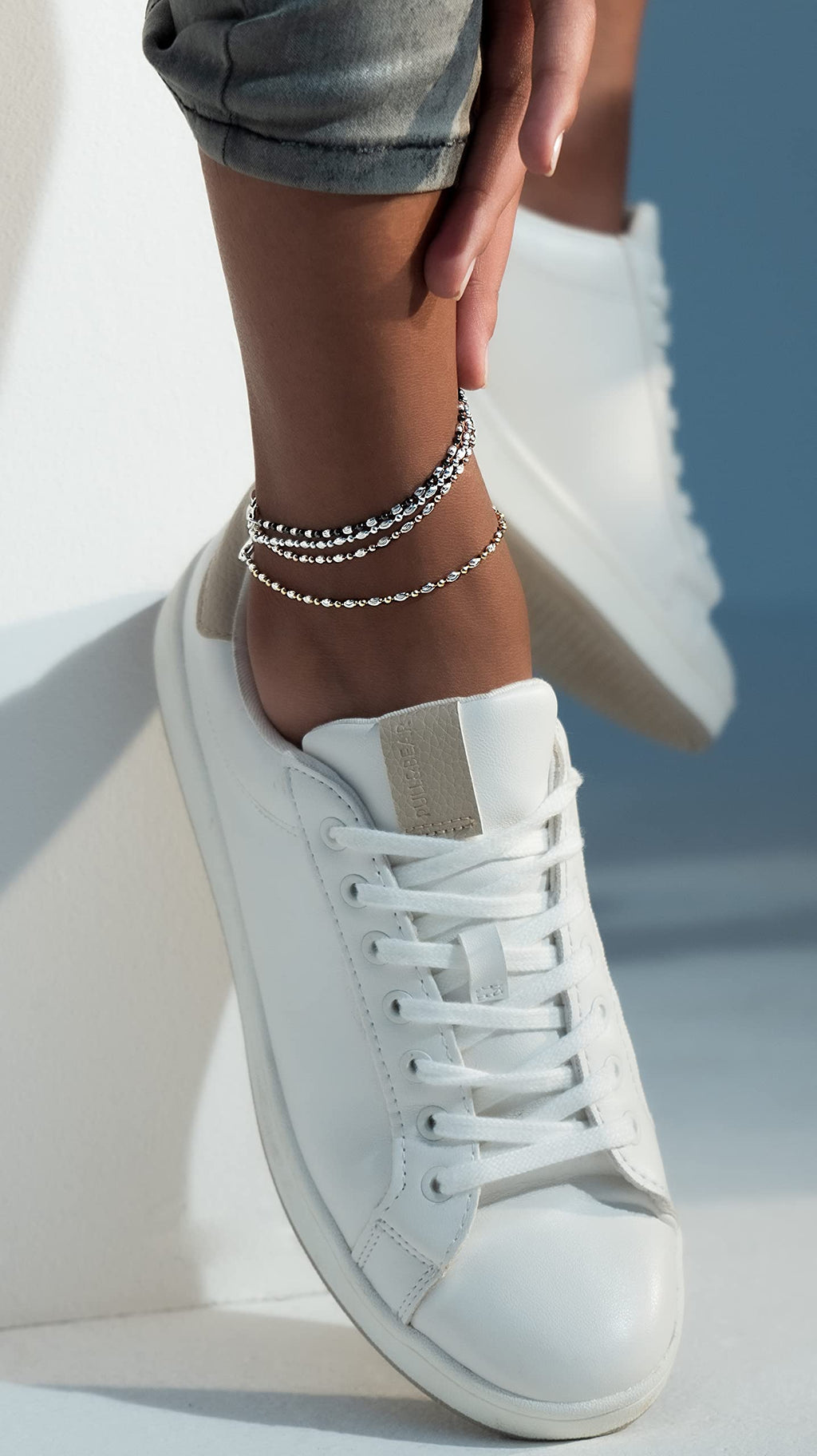 Miabella 925 Sterling Silver Diamond-Cut Oval and Round Bead Ball Chain Anklet Ankle Bracelet for Women, Made in Italy (sterling-silver, Length 11 Inches)