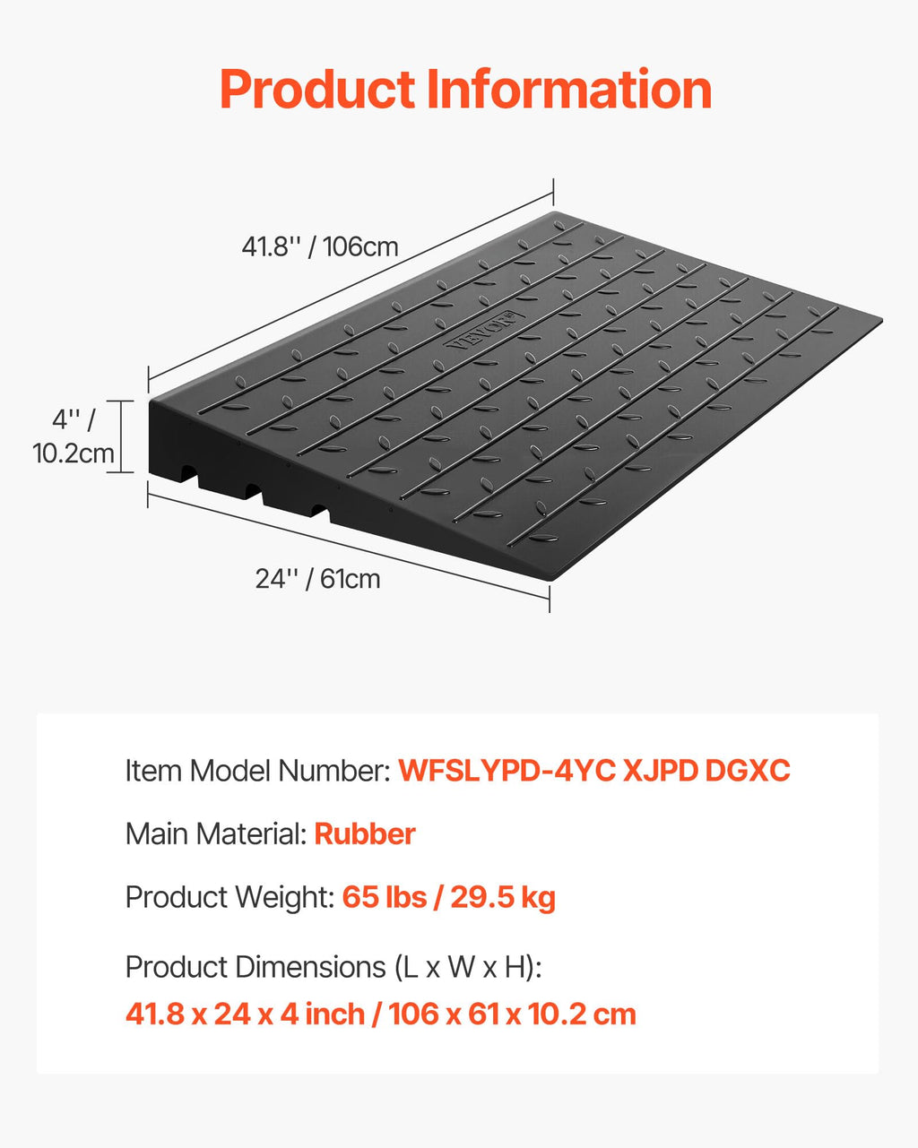 VEVOR 4" Rise Rubber Threshold Ramp, 3 Channels Cord Cover Door Ramp, No-Slip Surface, 2200 Lbs Load Capacity Rubber Ramp for for Home Doorways Driveways Curb Home Steps, 41.8" L x 24" W x 4" H
