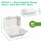 OasisSN 𝟵𝘅𝟲", 𝟲𝟴-𝗣𝗮𝗰𝗸 Clamshell Take Out Food Containers, Compostable Heavy-Duty Disposable Paper Lunch Boxes，Eco-Friendly Biodegradable To Go Containers For Food(White)