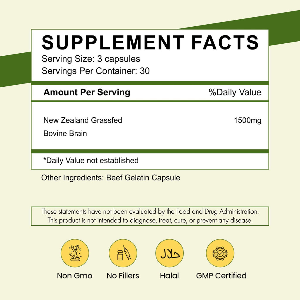 Primal Being Grassfed Beef Brain, Supports Memory, Mood, Focus, Energy, Cognitive Health - 90 Capsules, 1500mg per Serving
