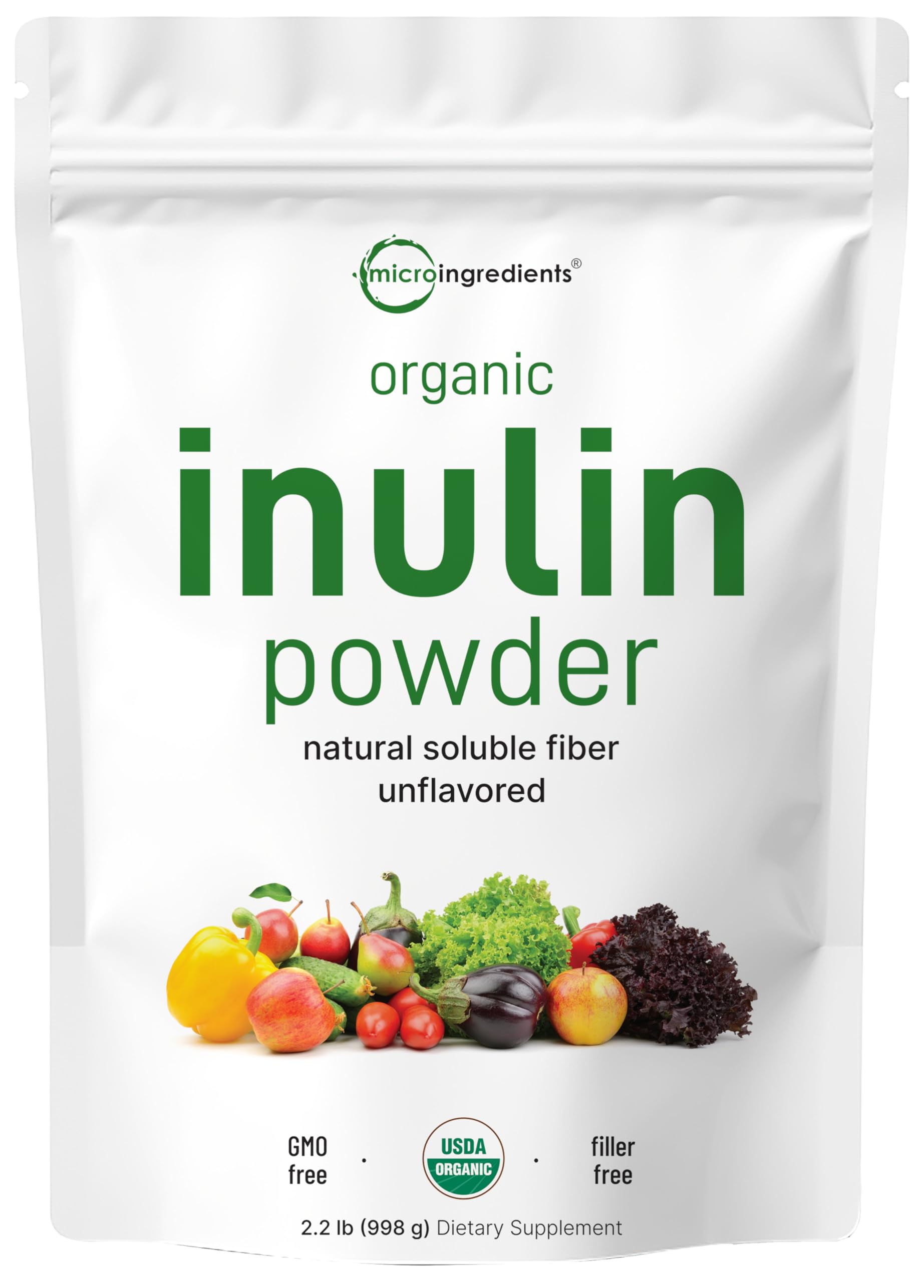 Micro Ingredients Organic Inulin FOS Fiber Powder, 2.2 lbs | Quick Water-Soluble Prebiotic | Natural Fiber for Smoothies & Drinks | Vegan Friendly, Dissolves Clear
