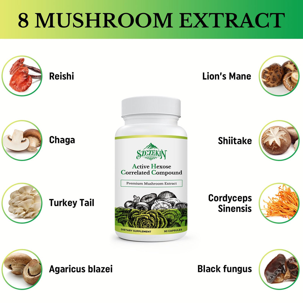 SZCZEKIN Active Hexose Correlated Compound 1500 mg Supplement, Natural 8 Mushroom Extract Supplement, Immune System, Liver Function, Natural Killer and T Cells Activity, 90 Veggie Capsules