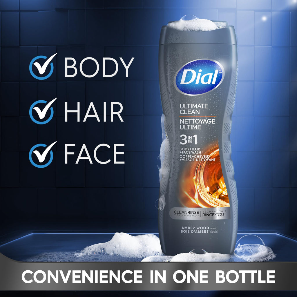 Dial Men 3 in 1 Body, Hair and Face Wash, Ultimate Clean, 16 Fl Oz, Pack of 4, Amber Woods Scent, Cleanses Deep + Gentle on Skin with Clean Rinse Technology
