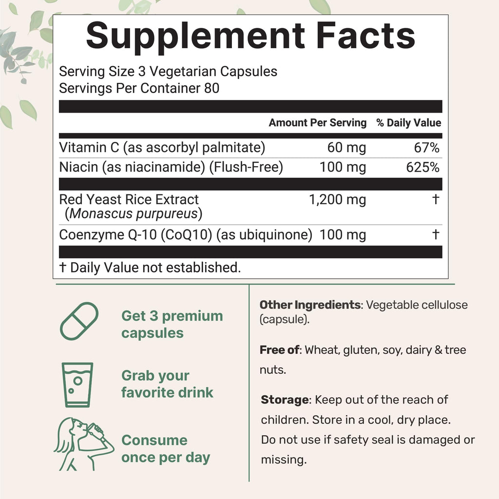 Red Yeast Rice 1,200mg with CoQ10 100mg, 240 Veggie Capsules | 4-in-1 with Flush Free Niacin & Fat Soluble Vitamin C | Cholesterol Support & Heart Health Supplements | Filler Free, Non-GMO, No Gluten