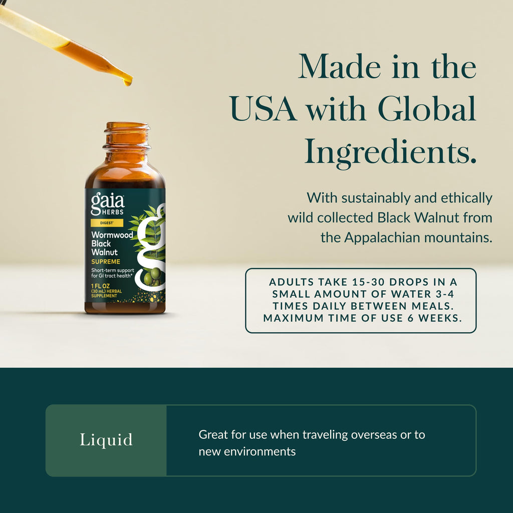 Gaia Herbs Wormwood Black Walnut Supreme - Digestive Support Supplement - Intestinal & Gut Health Support* - Ginger Root, Wormwood & Black Walnut - 1 Fl Oz Liquid Extract (30 Servings)