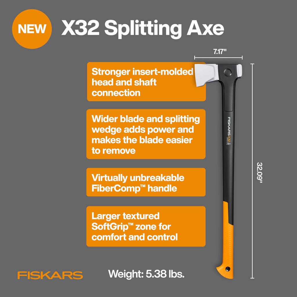 Fiskars X32 Splitting Axe 32", Splitter for Large Wood Logs & Firewood