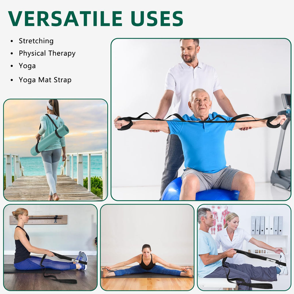 Abiarst Stretching Strap Yoga Straps for Physical Therapy, 10 Loops Non-Elastic Stretch Band for Pilates, Flexibility, Exercise and Gymnastics (2-Pack (Black+Green))
