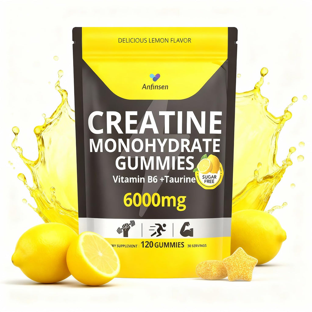 Anfinsen Sugar-Free Creatine Gummies 6000mg - Creatine Supplement for Women and Men with Vitamin B6 & Taurine, Flexible Dosing for Active Wellness, Vegan, Gluten-Free, Lemon Flavor, 120 Gummies