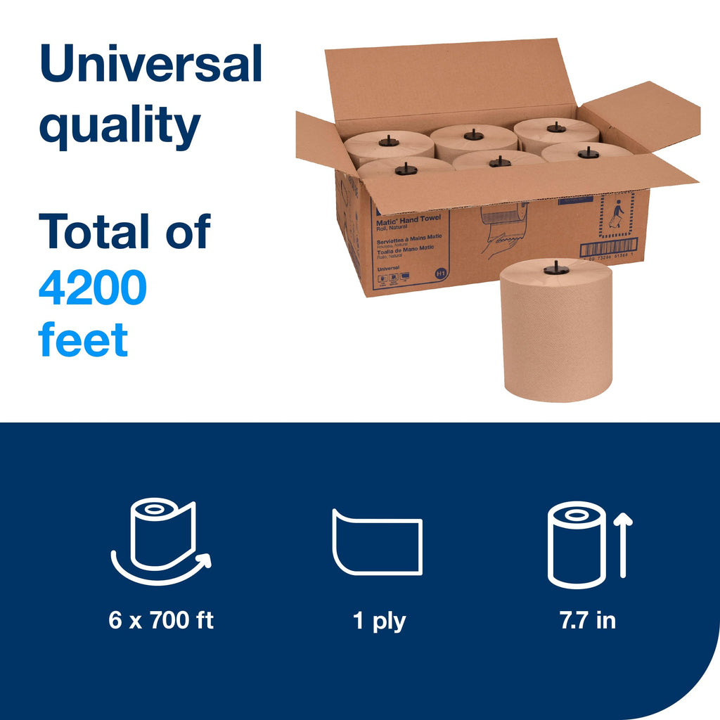 Tork Matic Paper Hand Towel Roll Natural H1, Universal, 100% Recycled Fiber, 6 Rolls x 700 ft, 290088