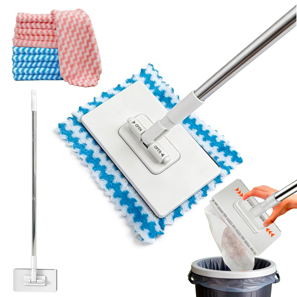 Snap Grip Mini Mop, Zero Touch No Wash Lazy Mop with One-Click Cloth Change, Compatible with Face Towels, Adjustable for Wet/Dry Floors, Tile, Hardwood, Corners (10 Reusable Cloths)
