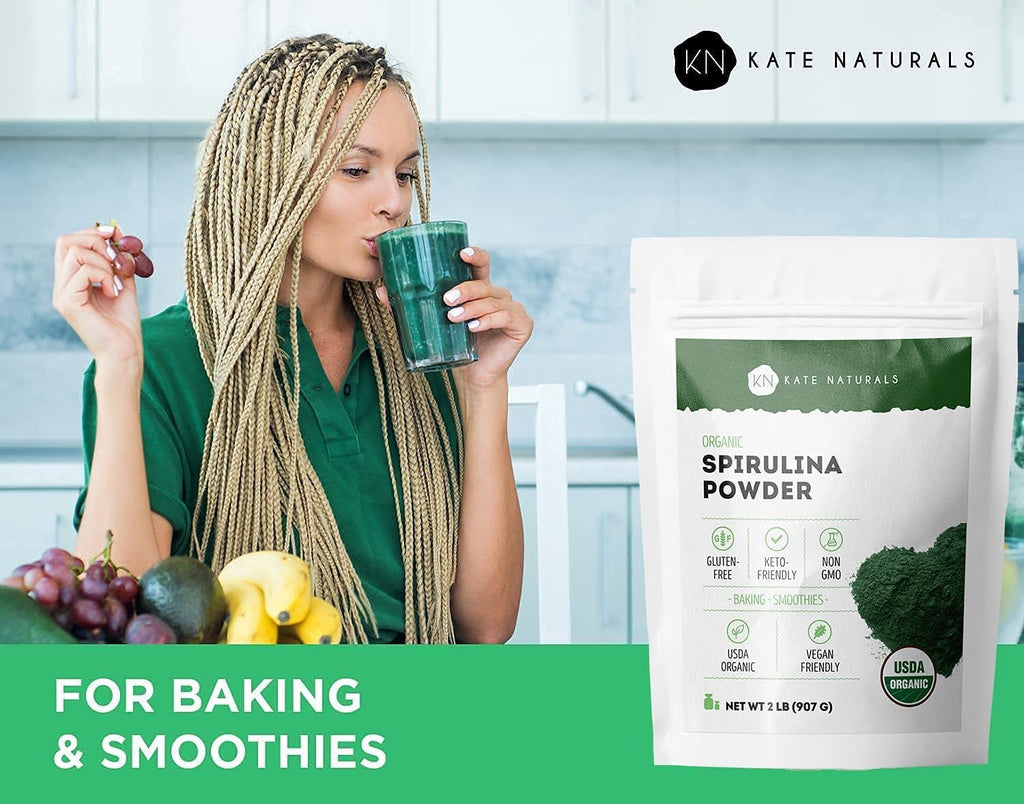 Kate Naturals Organic Spirulina Powder. Nutrient Dense Superfood for Smoothies and Juice (2 lb, USDA Certified, Non-GMO, Gluten- Free)