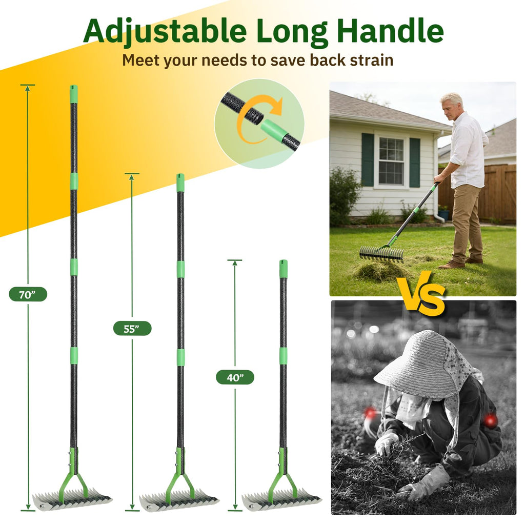 Thatch Rake, 13" Wide Efficient Dethatcher Rake with 55" Adjustable Long Handle, Heavy Duty Steel Metal Dethatching Rakes for Cleaning Dead Grass, Loosening Soil, Lawn Care in Yard Garden
