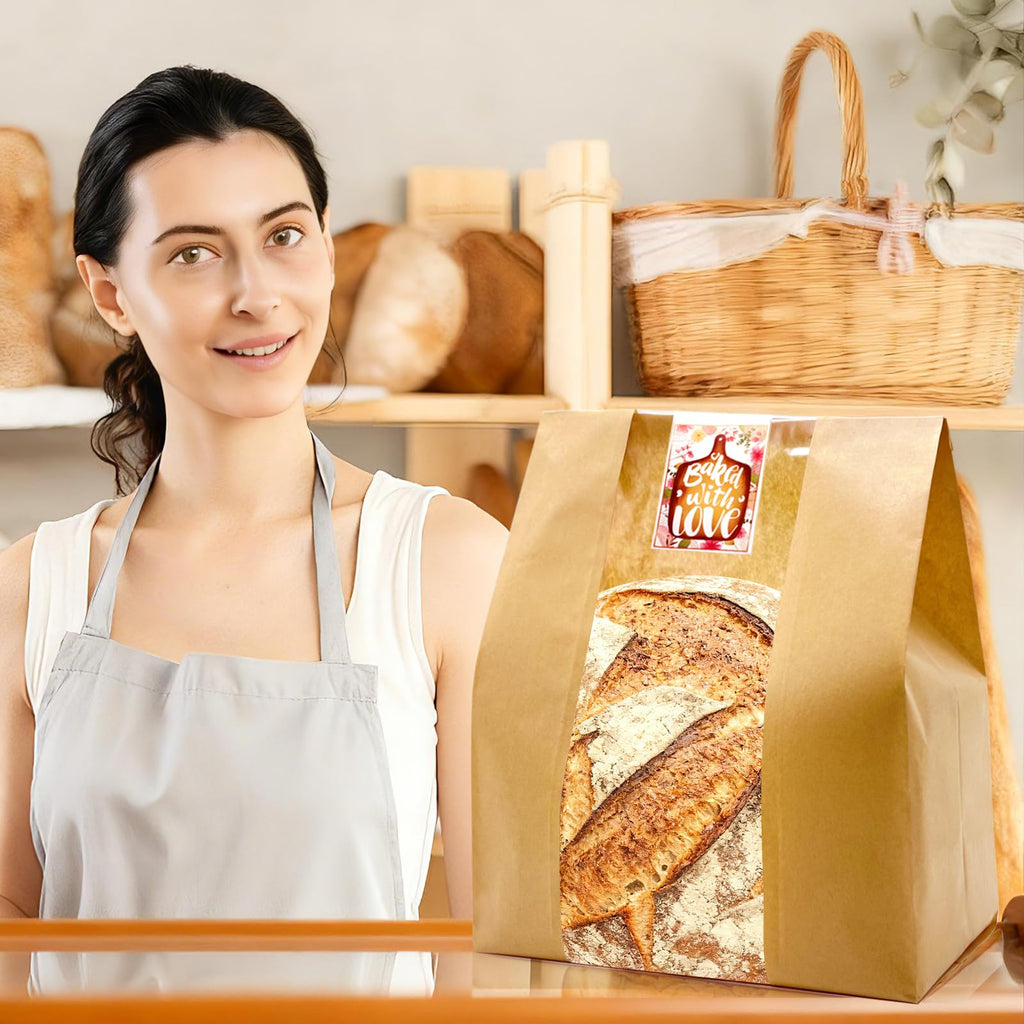 HiCivan 15.7x10.2x5.1in Extra Large Paper Bread Bags for Homemade Bread with Window&Sticker for Supersized Sourdough Bread, Oversized Bread Loaf, Baked Goods, Packaging for Gifting-Brown Kraft 50Pcs