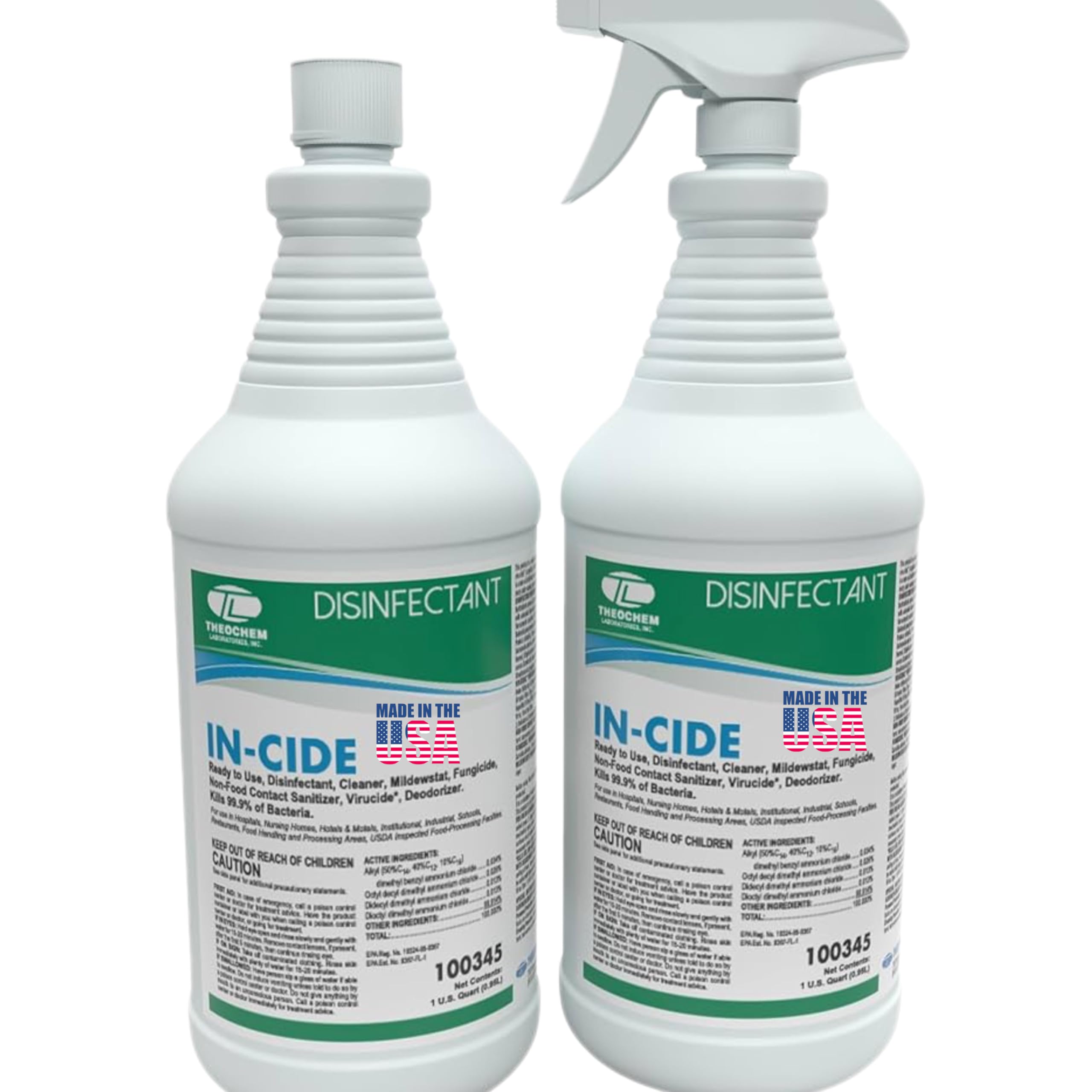 Theochem In-Cide EPA Registered Disinfectant Spray - Kills 99.9% of Germs, Mold, Mildew and MRSA - Multi-Surface Cleaner for Home, School & Hospital - Fresh Scent - 32 oz (2 Pack)