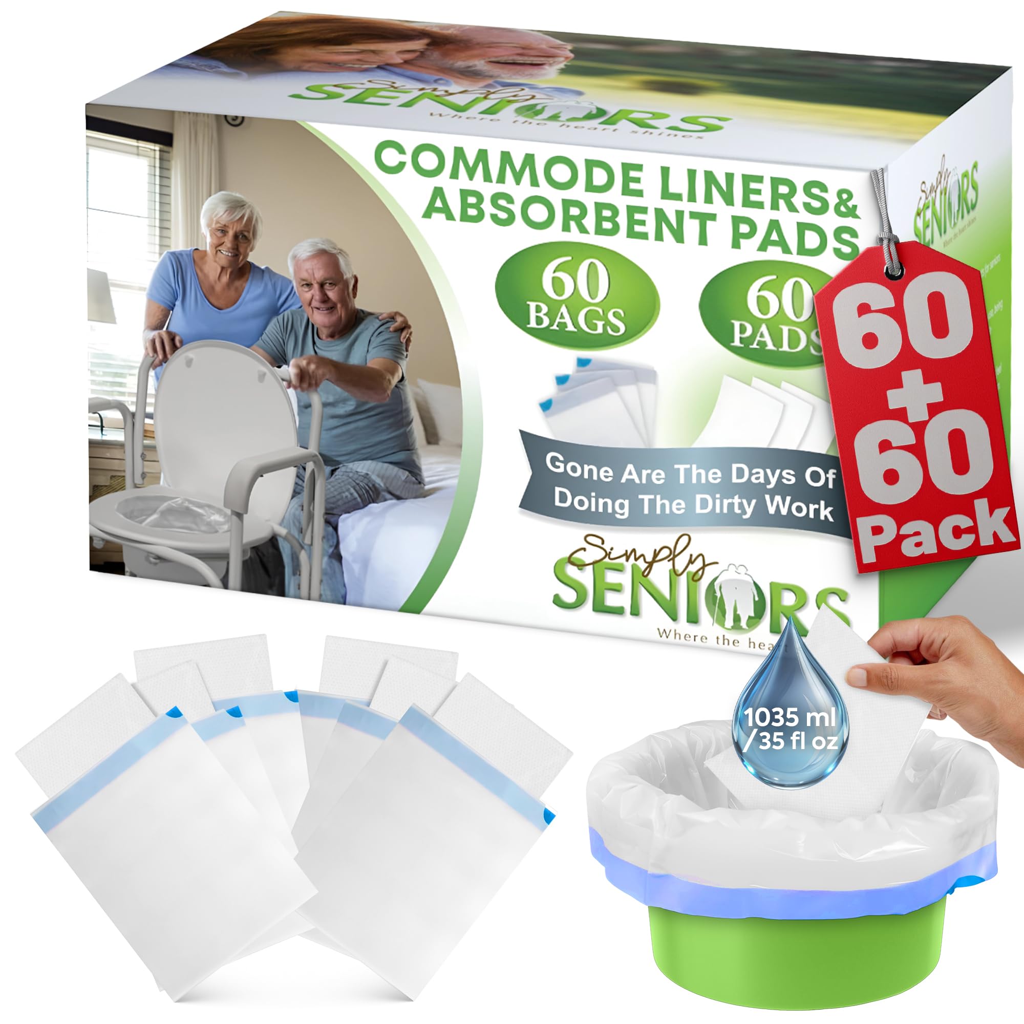 Commode Liners with Absorbent Pads - 60 Bedside Commode Liners & Pads - Portable Toilet Bags for Porta Potty & Camping - No More Days Washing The Bucket of The Commode Chair for Toilet with Arms