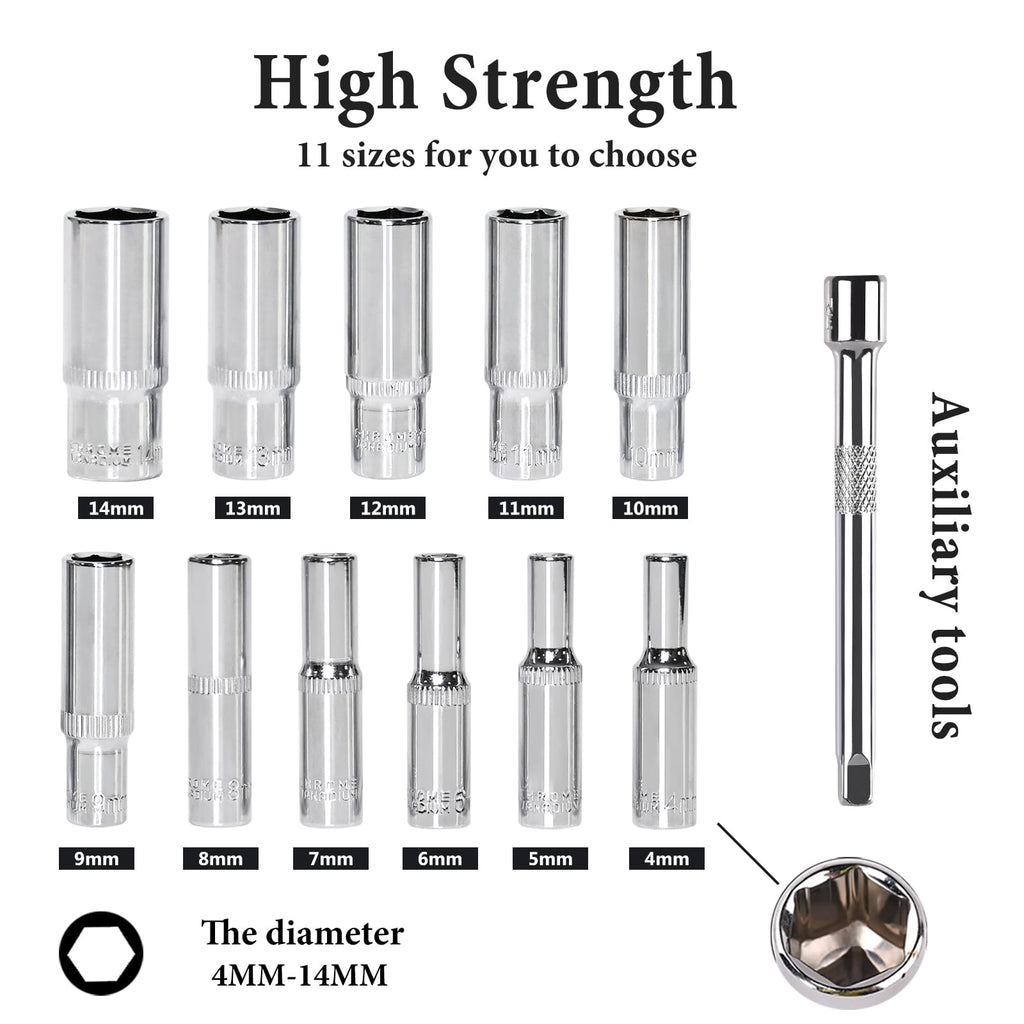 Egofine 13PCS 1/4" Drive Deep Socket Set,Metric(4-14MM),6-Point, Cr-V Steel
