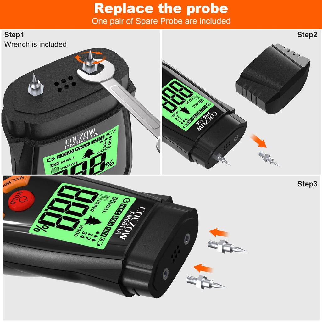 Wood Moisture Meter, with battery and LCD display, suitable for quick determination of moisture content of many types of logs, paper, plywood, plaster walls, floor coverings, etc.