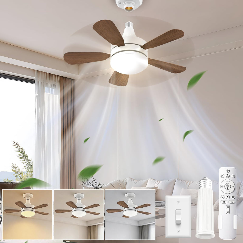 WZZIW 17.7" Socket Fan Light, E26/E27 Light Bulb Fan with Reversible Motor, 3000 Lumens Small Ceiling Fans with Lights and Remote, Dimmable 3000K-6500K for Bedroom Kitchen Living Room Garage