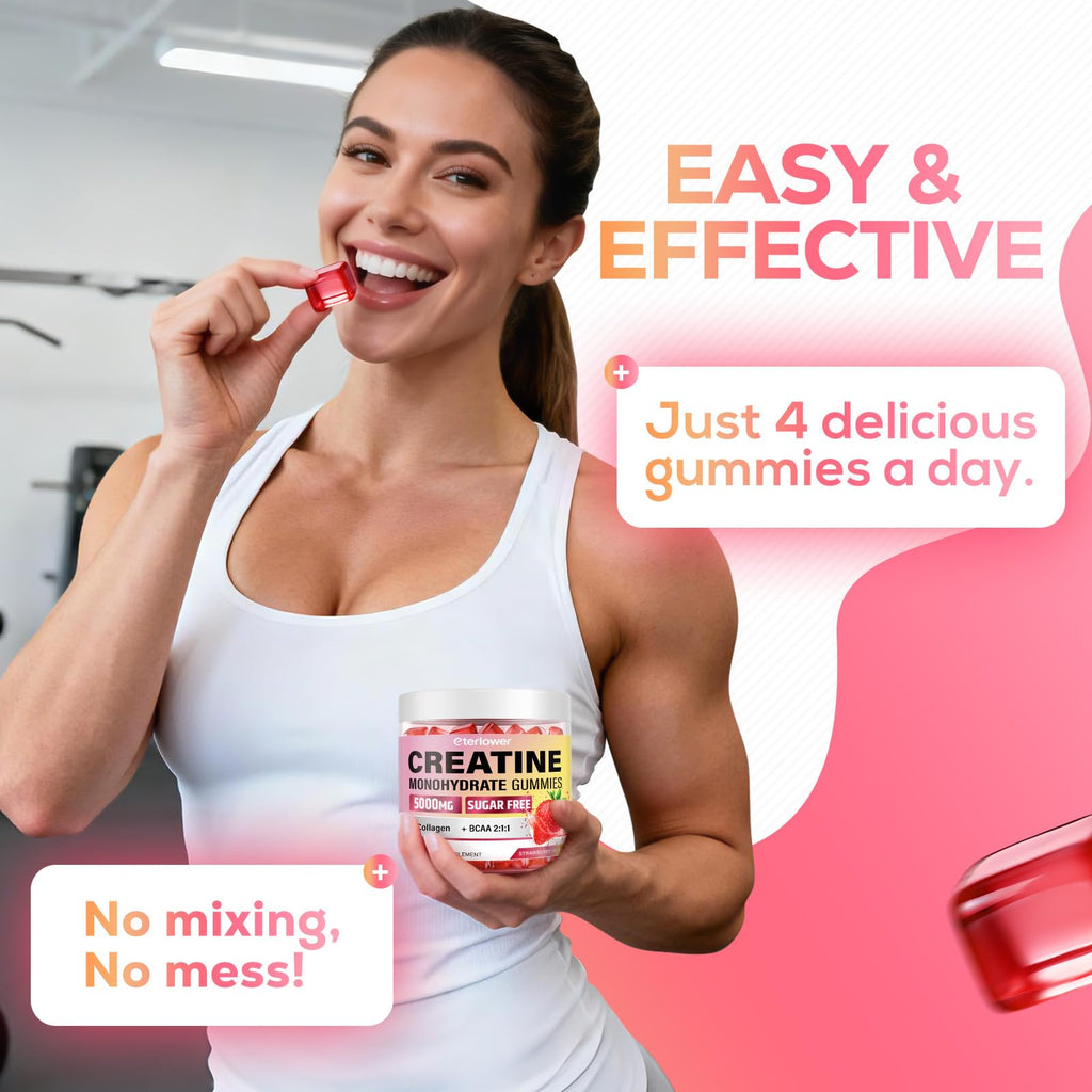 eterlower Creatine Monohydrate Gummies, 5g Creatine Gummies for Women & Men.Pre-Workout & Muscle Growth Support, Contains BCAA, Collagen, Sugar-Free, 120 Count